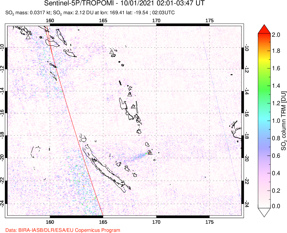 A sulfur dioxide image over Vanuatu, South Pacific on Oct 01, 2021.