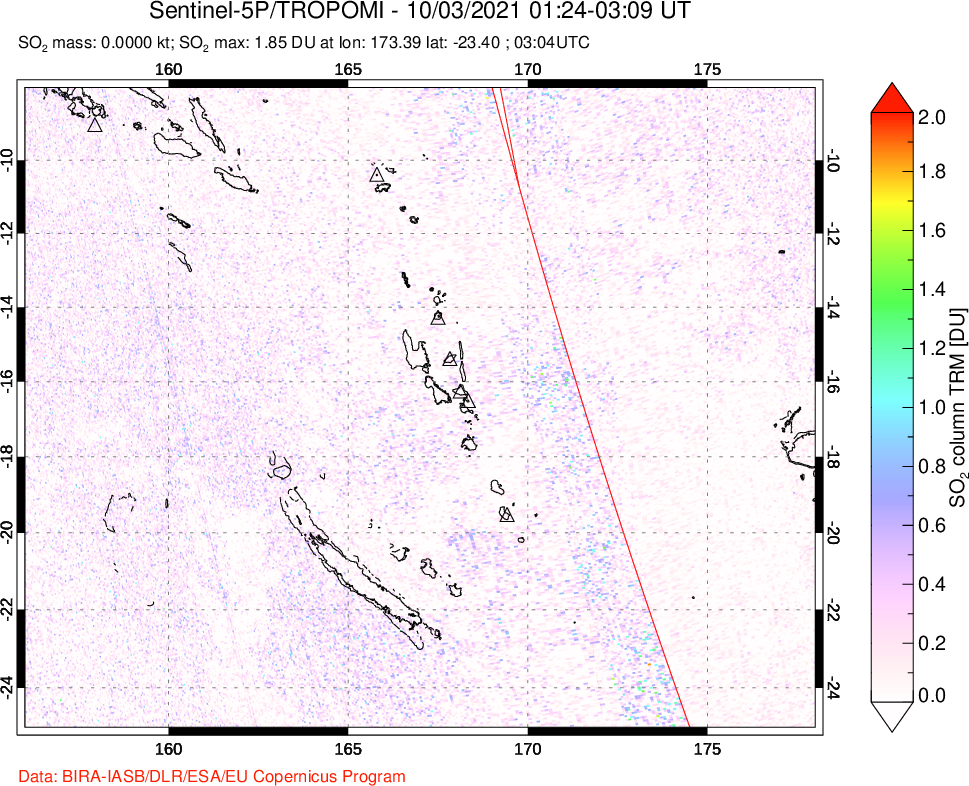 A sulfur dioxide image over Vanuatu, South Pacific on Oct 03, 2021.
