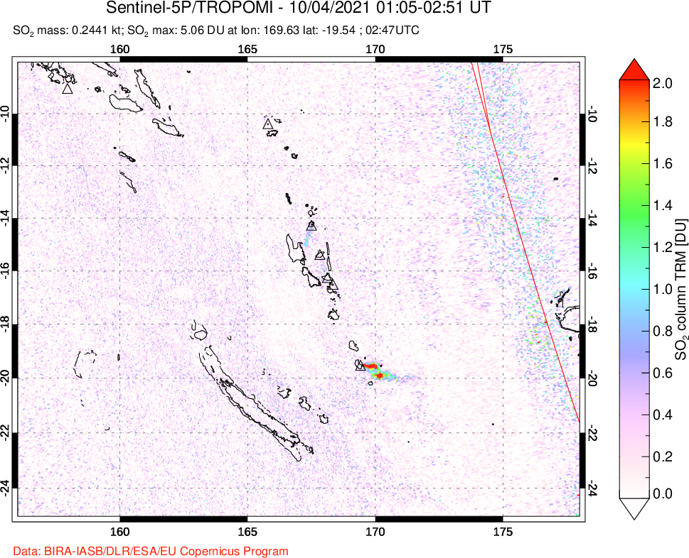 A sulfur dioxide image over Vanuatu, South Pacific on Oct 04, 2021.