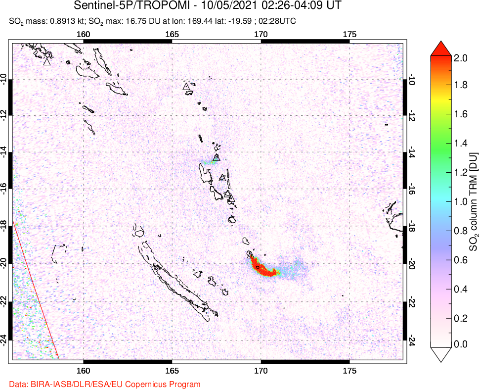 A sulfur dioxide image over Vanuatu, South Pacific on Oct 05, 2021.