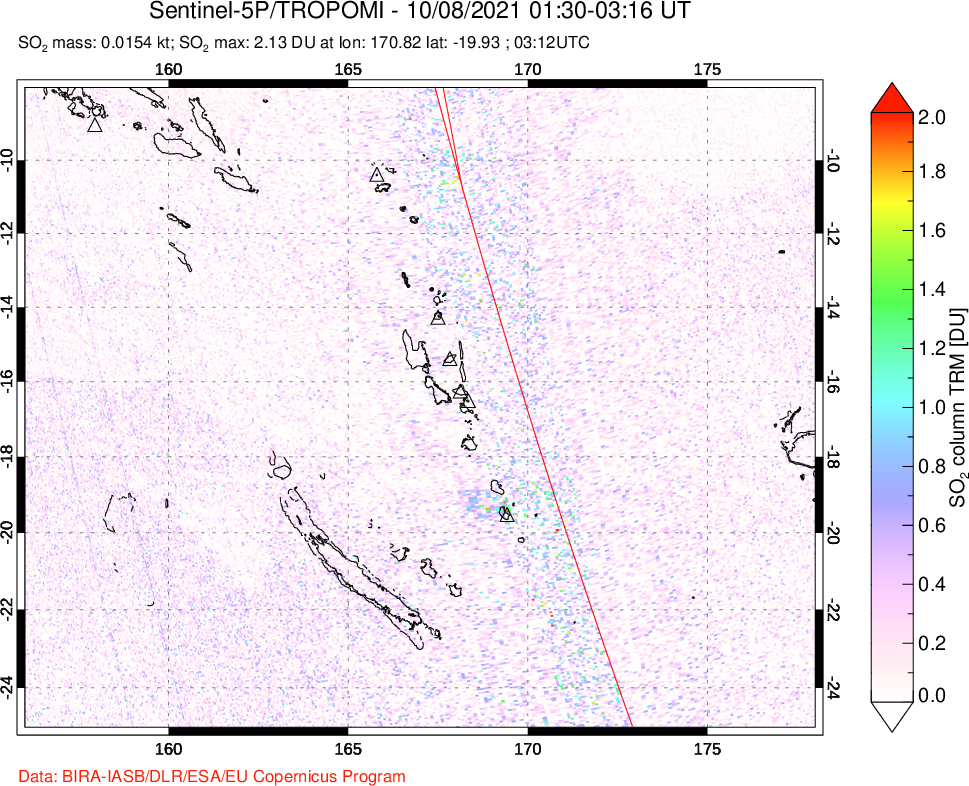 A sulfur dioxide image over Vanuatu, South Pacific on Oct 08, 2021.
