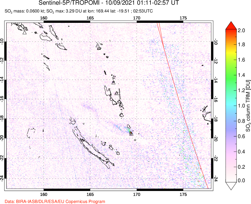 A sulfur dioxide image over Vanuatu, South Pacific on Oct 09, 2021.