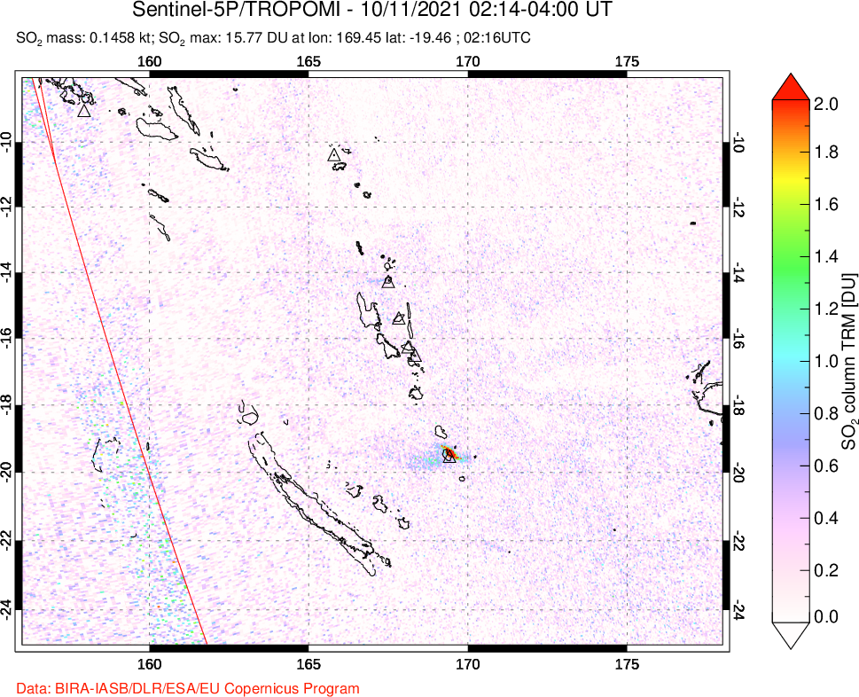 A sulfur dioxide image over Vanuatu, South Pacific on Oct 11, 2021.