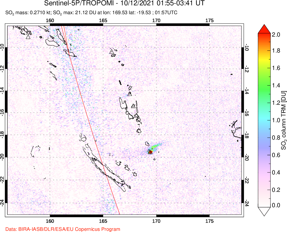 A sulfur dioxide image over Vanuatu, South Pacific on Oct 12, 2021.