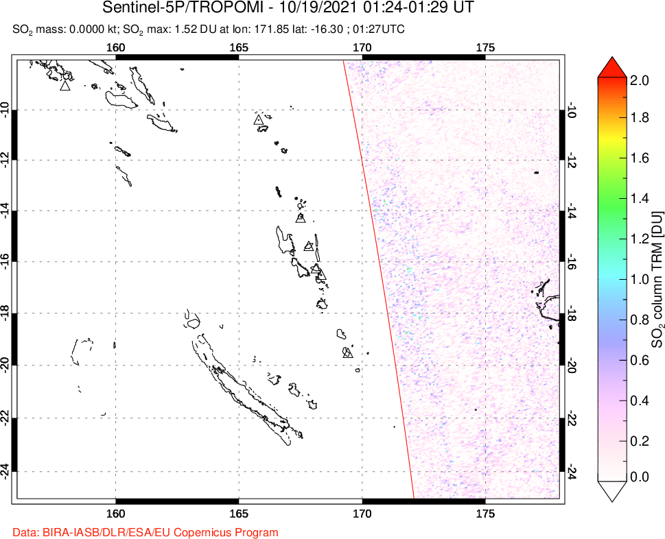 A sulfur dioxide image over Vanuatu, South Pacific on Oct 19, 2021.
