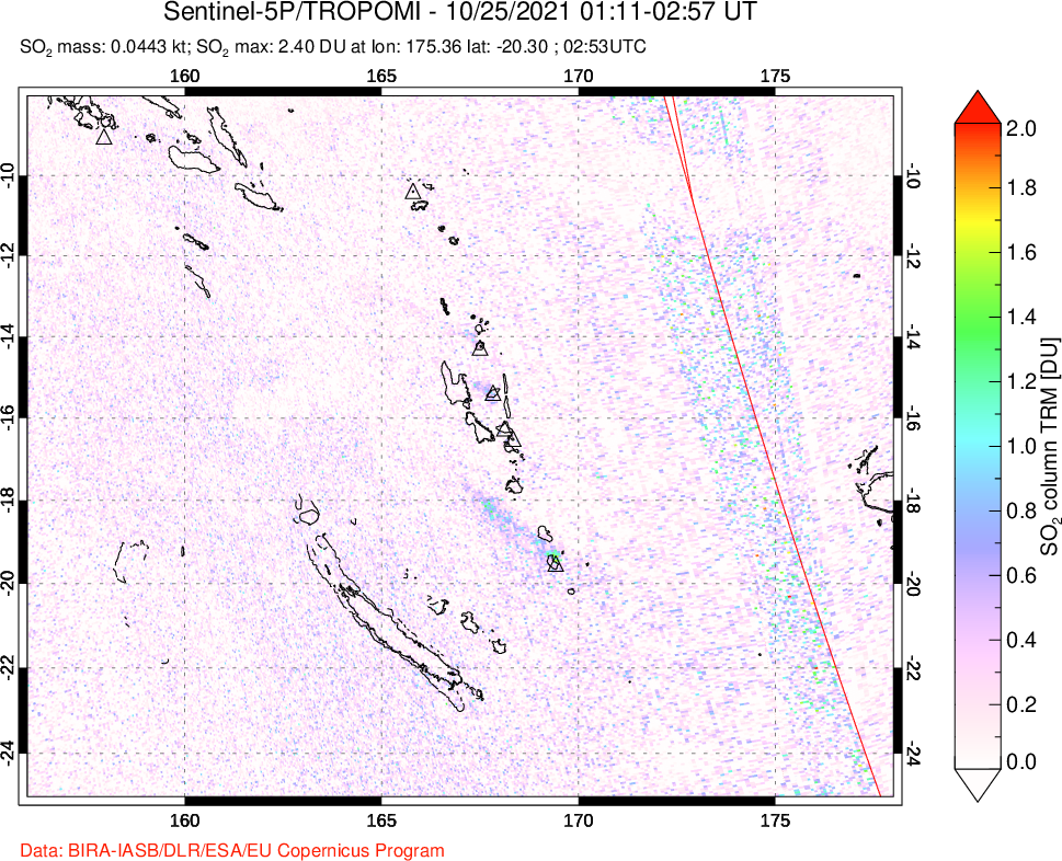 A sulfur dioxide image over Vanuatu, South Pacific on Oct 25, 2021.