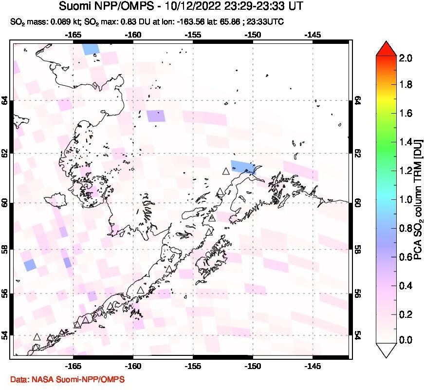 A sulfur dioxide image over Alaska, USA on Oct 12, 2022.