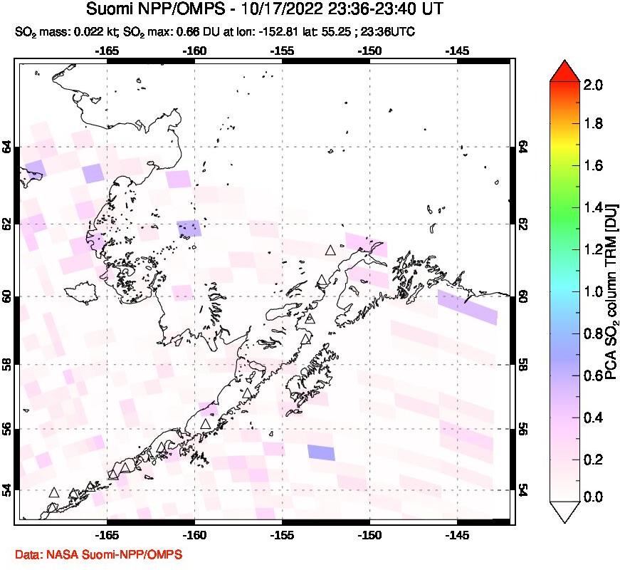 A sulfur dioxide image over Alaska, USA on Oct 17, 2022.