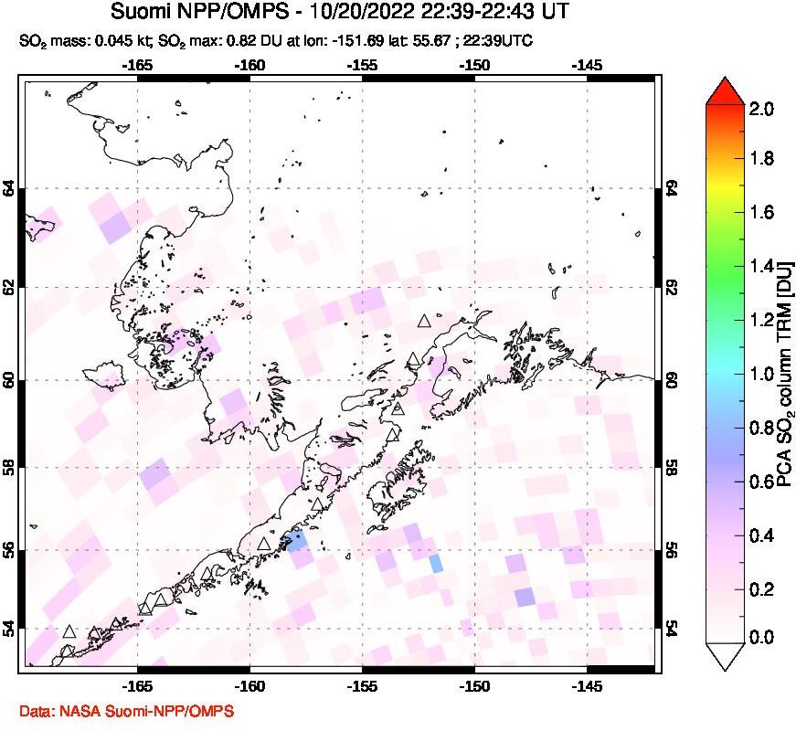 A sulfur dioxide image over Alaska, USA on Oct 20, 2022.
