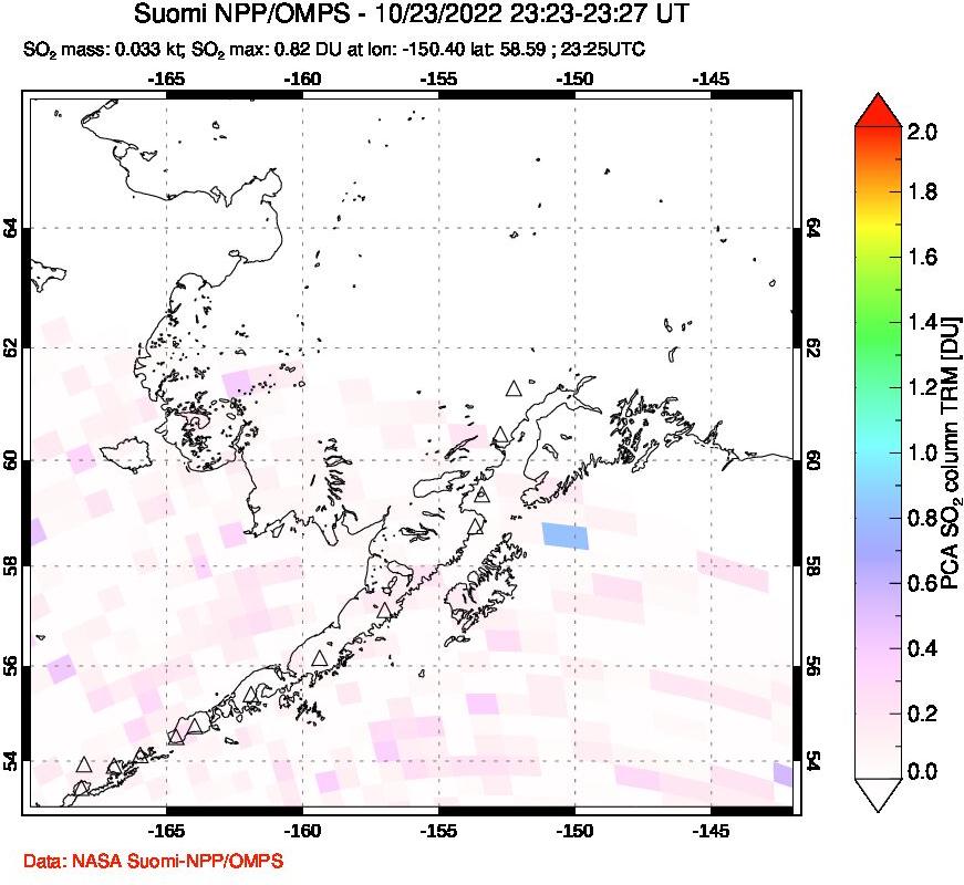 A sulfur dioxide image over Alaska, USA on Oct 23, 2022.