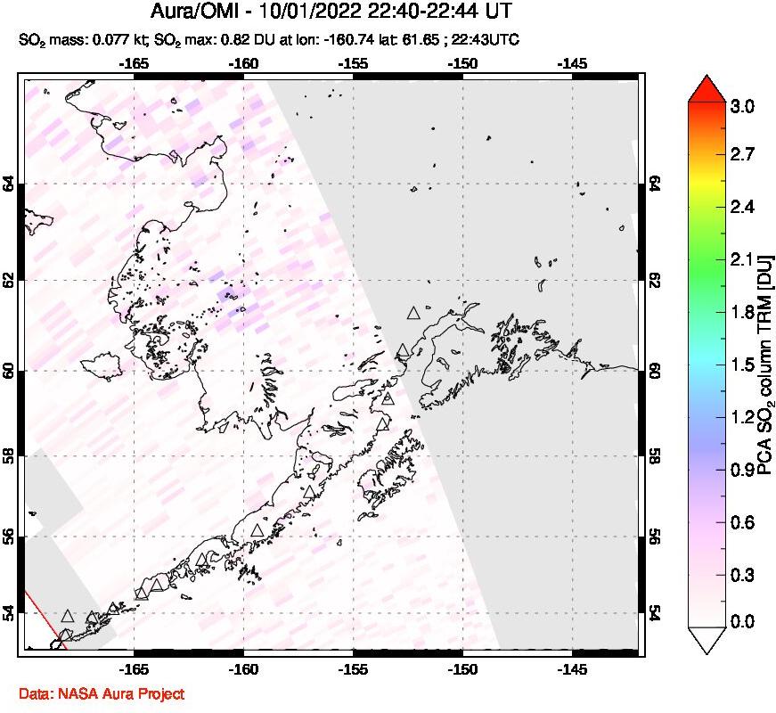 A sulfur dioxide image over Alaska, USA on Oct 01, 2022.