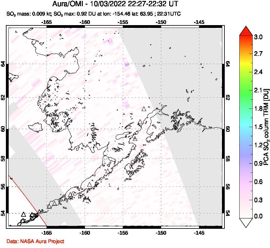 A sulfur dioxide image over Alaska, USA on Oct 03, 2022.