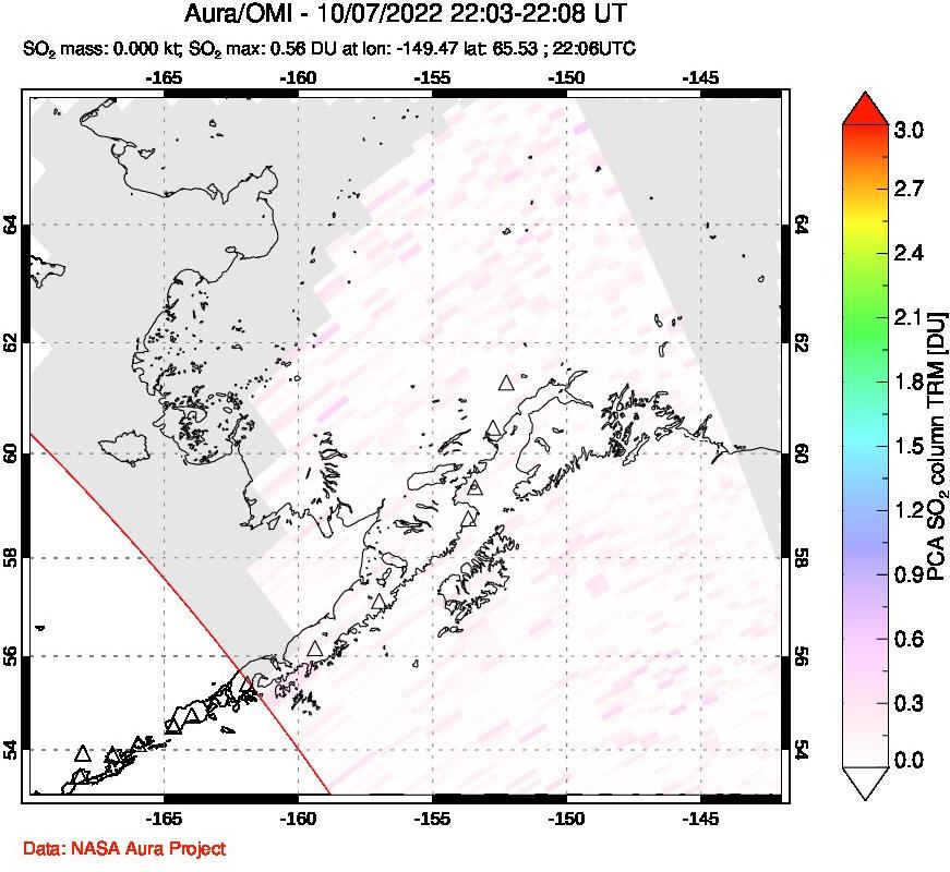 A sulfur dioxide image over Alaska, USA on Oct 07, 2022.