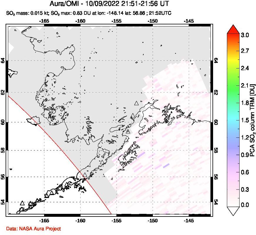 A sulfur dioxide image over Alaska, USA on Oct 09, 2022.