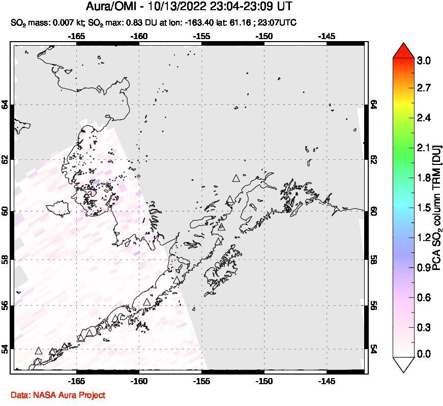A sulfur dioxide image over Alaska, USA on Oct 13, 2022.