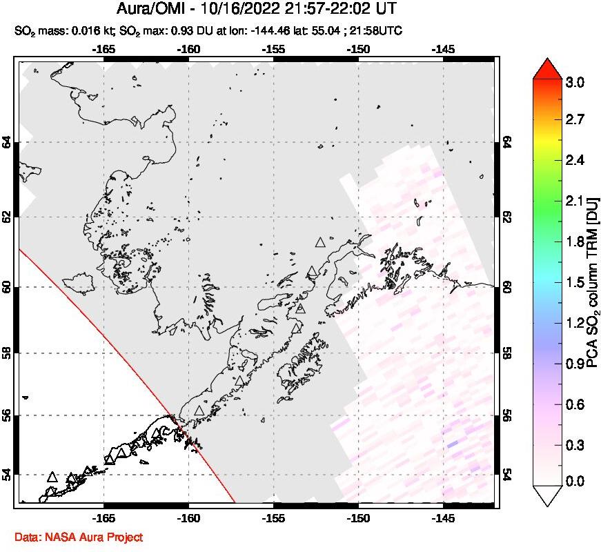 A sulfur dioxide image over Alaska, USA on Oct 16, 2022.