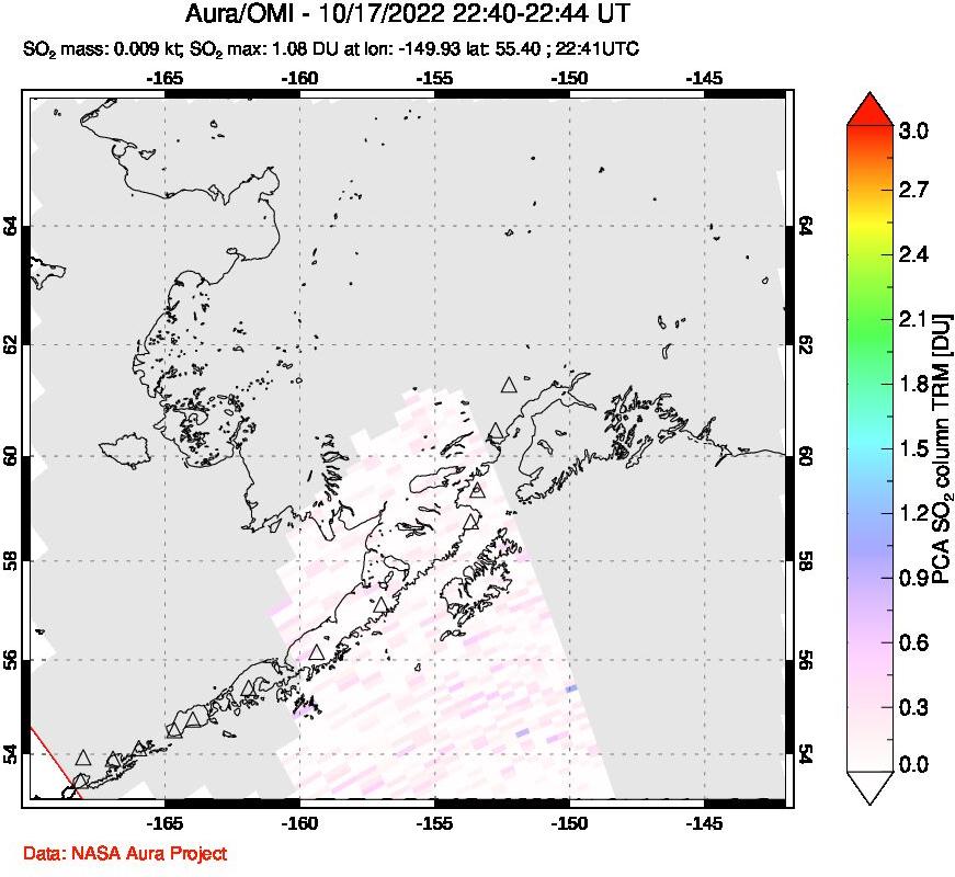 A sulfur dioxide image over Alaska, USA on Oct 17, 2022.