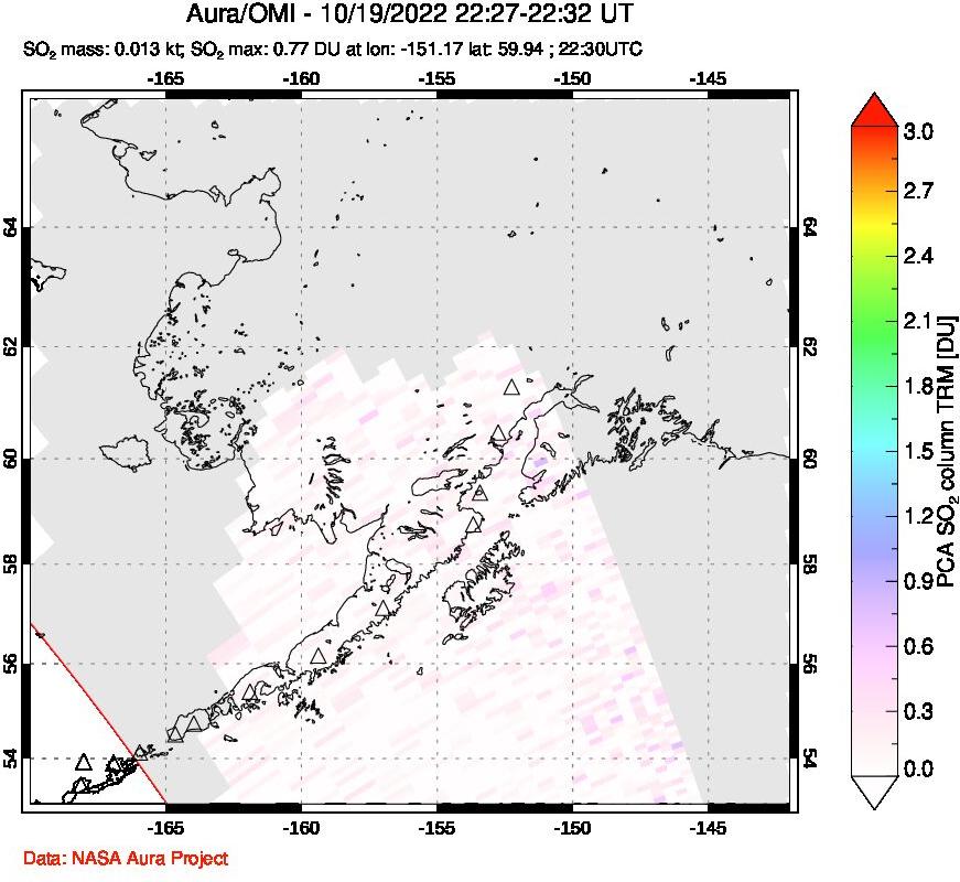A sulfur dioxide image over Alaska, USA on Oct 19, 2022.