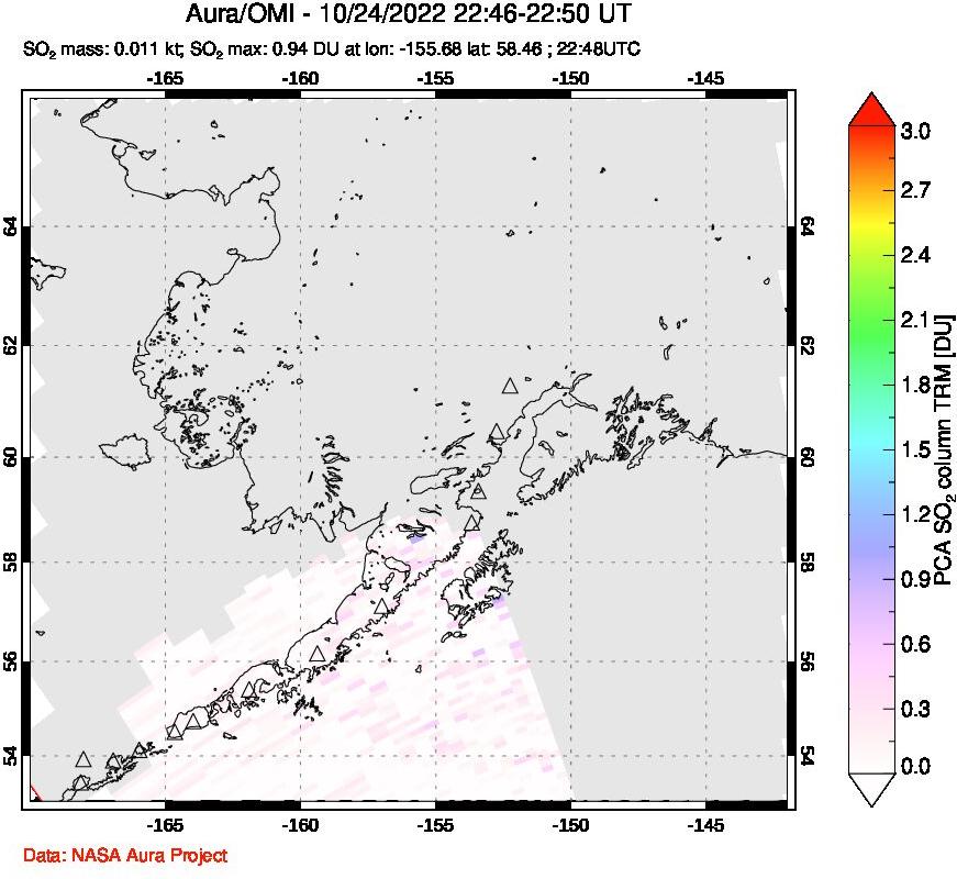 A sulfur dioxide image over Alaska, USA on Oct 24, 2022.