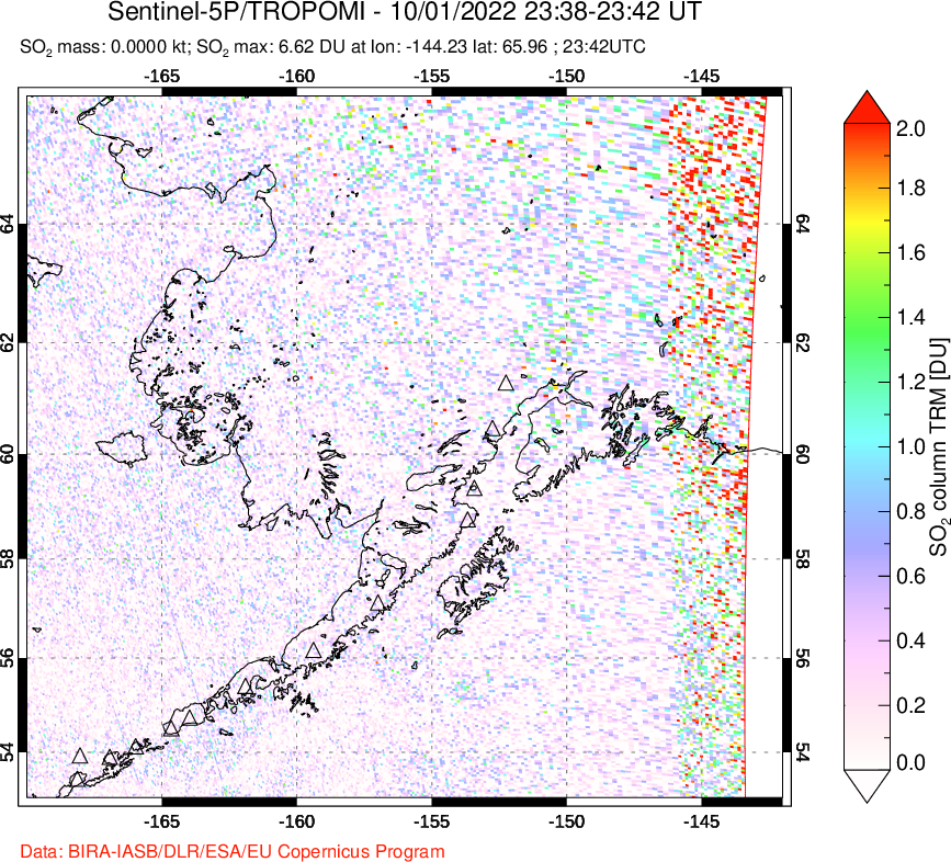 A sulfur dioxide image over Alaska, USA on Oct 01, 2022.