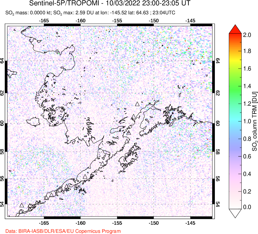 A sulfur dioxide image over Alaska, USA on Oct 03, 2022.