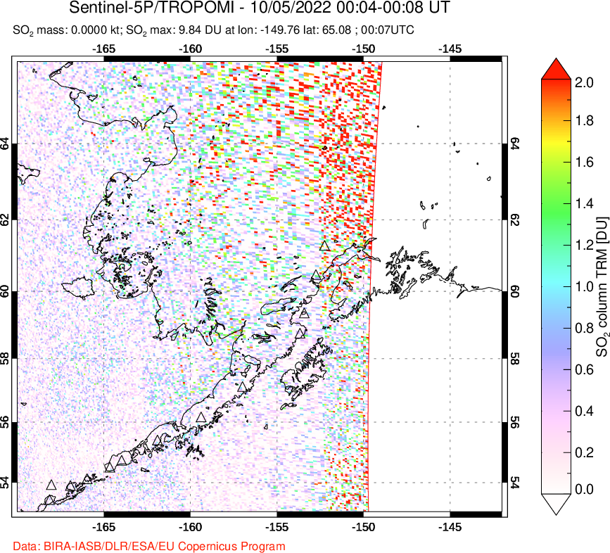 A sulfur dioxide image over Alaska, USA on Oct 05, 2022.
