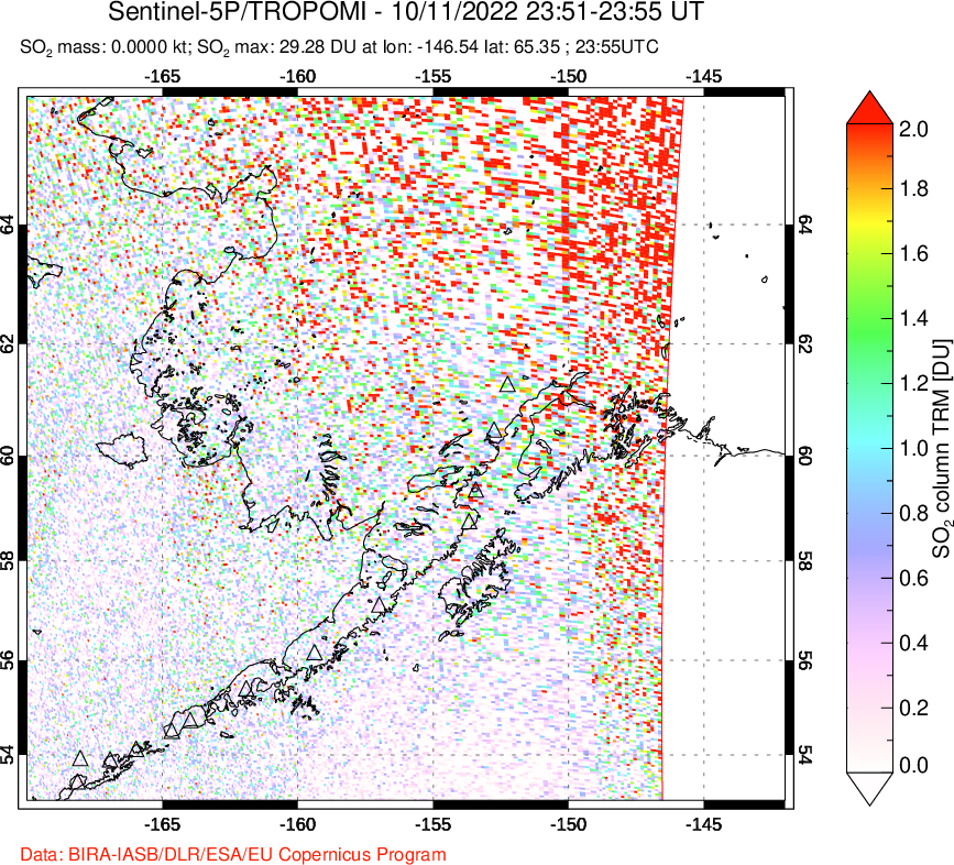 A sulfur dioxide image over Alaska, USA on Oct 11, 2022.