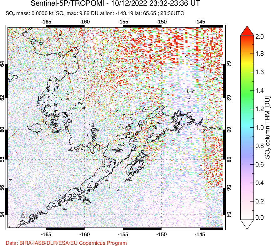 A sulfur dioxide image over Alaska, USA on Oct 12, 2022.