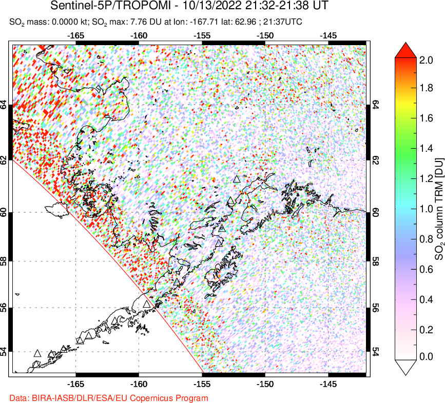 A sulfur dioxide image over Alaska, USA on Oct 13, 2022.