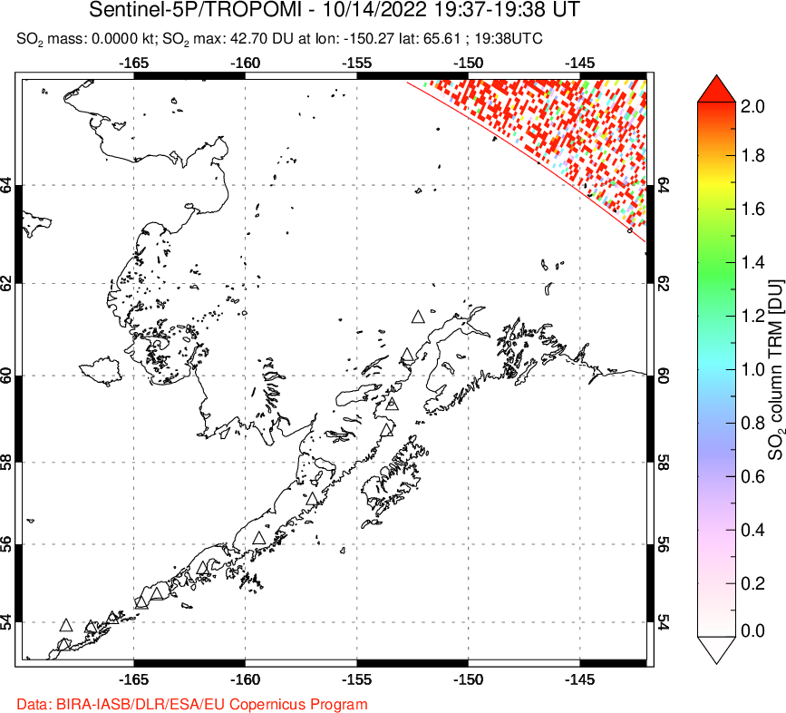 A sulfur dioxide image over Alaska, USA on Oct 14, 2022.
