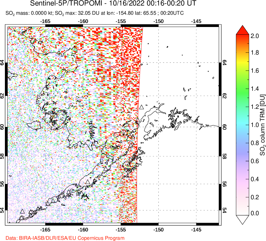 A sulfur dioxide image over Alaska, USA on Oct 16, 2022.