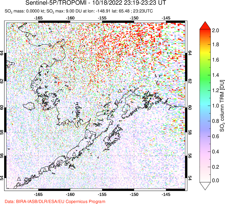 A sulfur dioxide image over Alaska, USA on Oct 18, 2022.