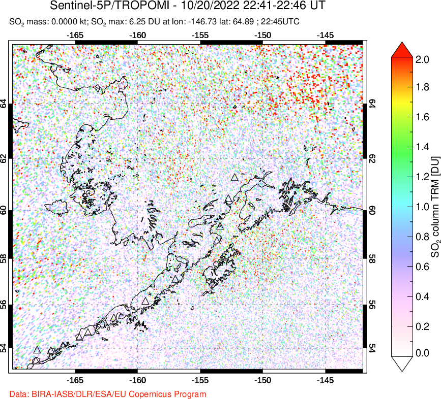 A sulfur dioxide image over Alaska, USA on Oct 20, 2022.