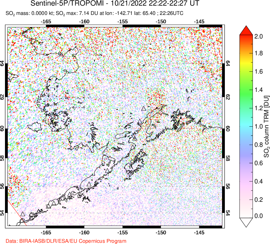 A sulfur dioxide image over Alaska, USA on Oct 21, 2022.