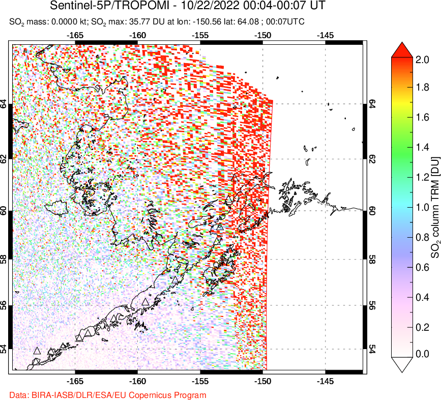 A sulfur dioxide image over Alaska, USA on Oct 22, 2022.