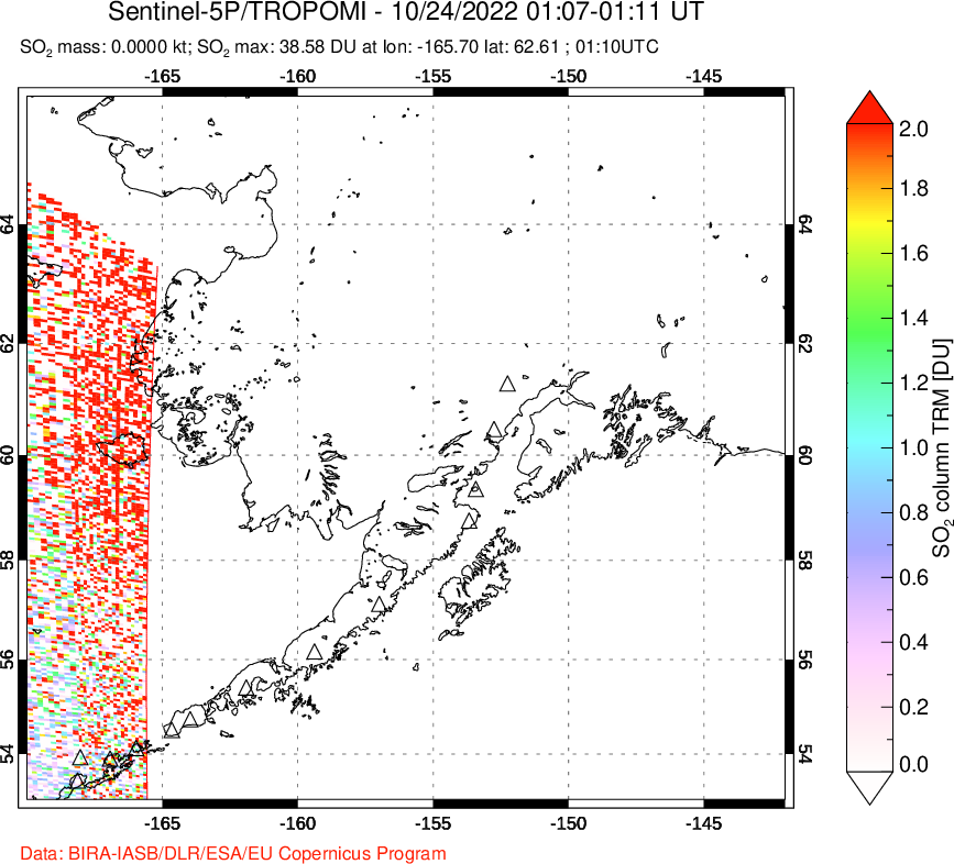 A sulfur dioxide image over Alaska, USA on Oct 24, 2022.