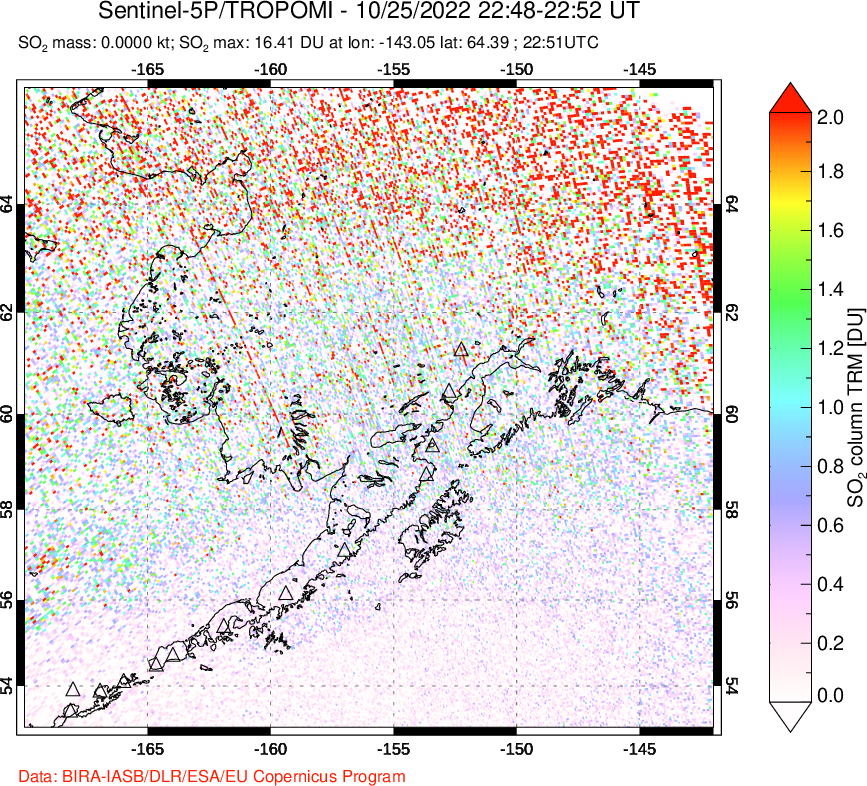 A sulfur dioxide image over Alaska, USA on Oct 25, 2022.