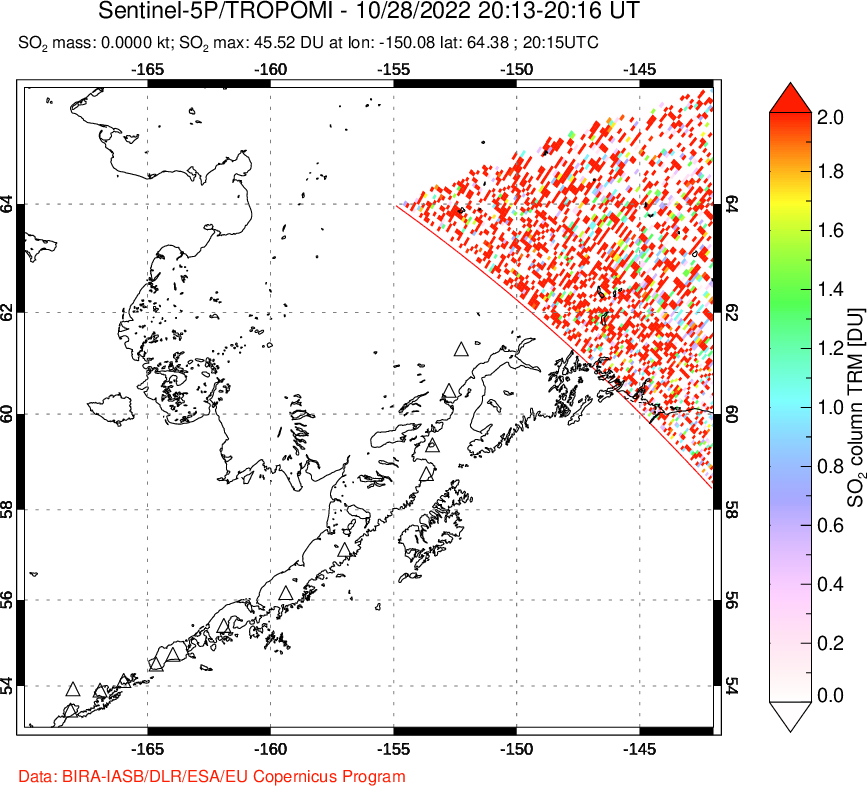 A sulfur dioxide image over Alaska, USA on Oct 28, 2022.