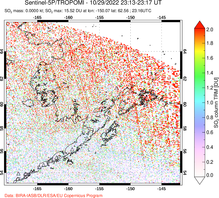 A sulfur dioxide image over Alaska, USA on Oct 29, 2022.