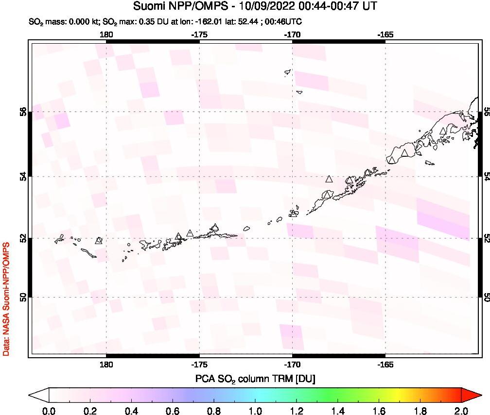A sulfur dioxide image over Aleutian Islands, Alaska, USA on Oct 09, 2022.
