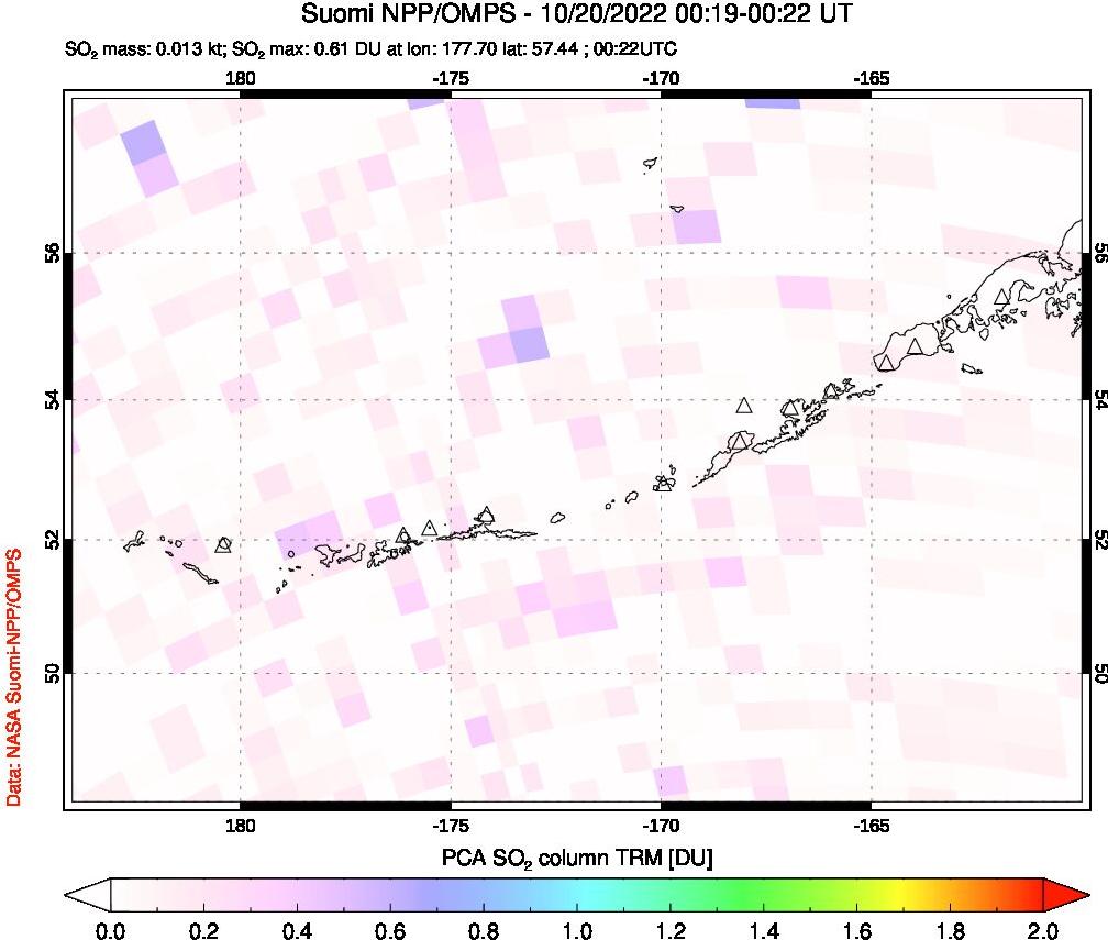 A sulfur dioxide image over Aleutian Islands, Alaska, USA on Oct 20, 2022.