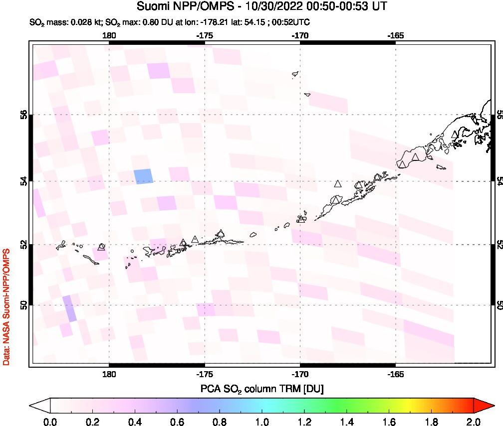 A sulfur dioxide image over Aleutian Islands, Alaska, USA on Oct 30, 2022.