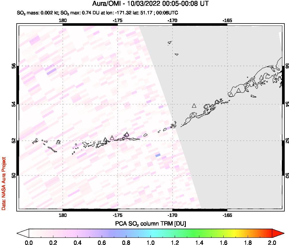 A sulfur dioxide image over Aleutian Islands, Alaska, USA on Oct 03, 2022.