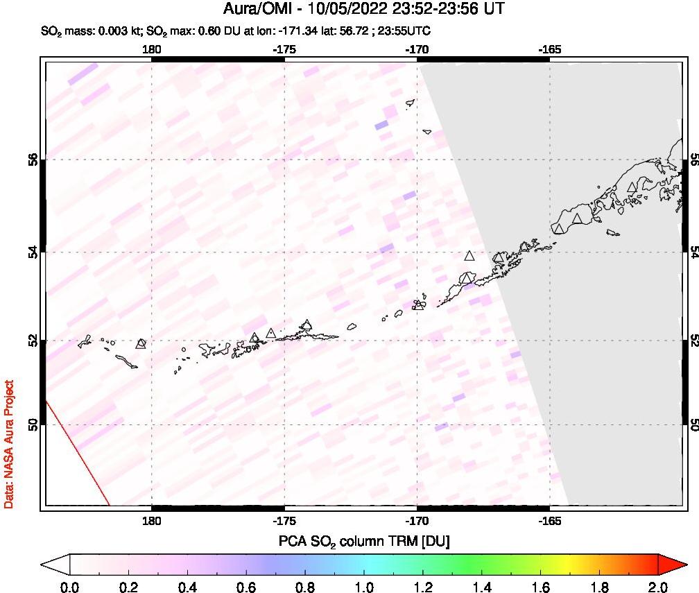 A sulfur dioxide image over Aleutian Islands, Alaska, USA on Oct 05, 2022.