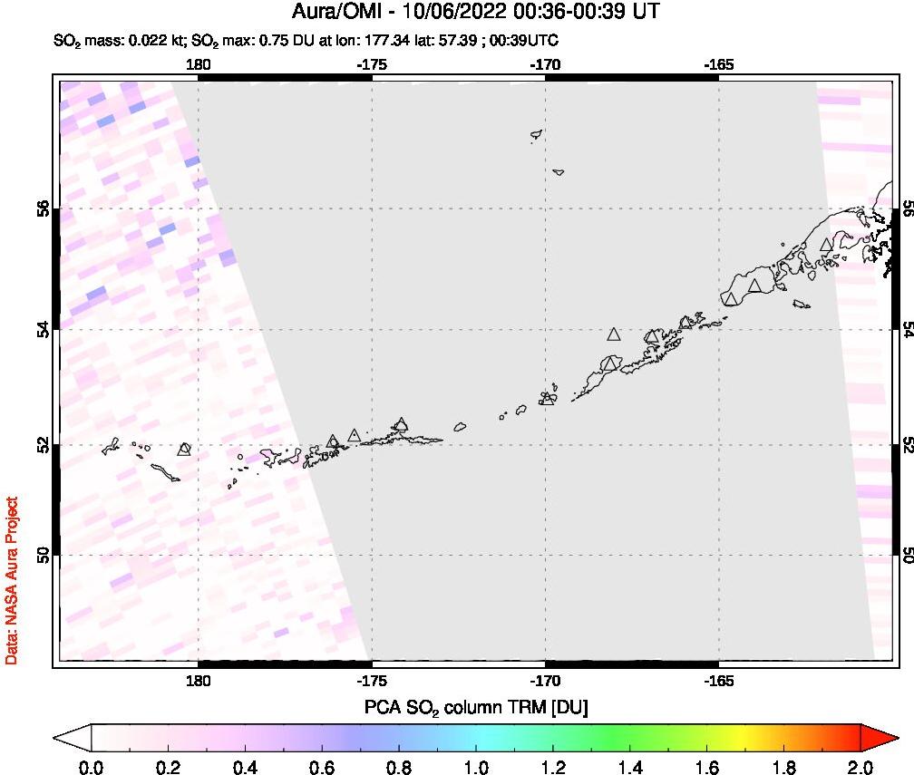A sulfur dioxide image over Aleutian Islands, Alaska, USA on Oct 06, 2022.