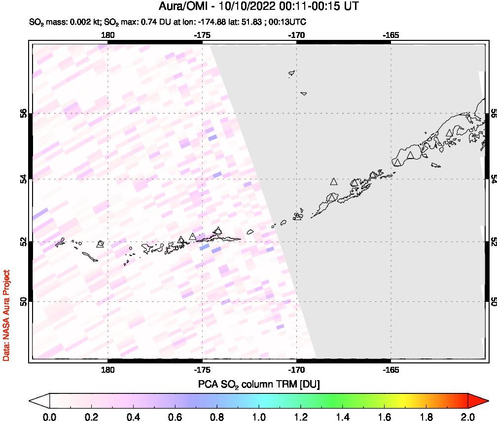 A sulfur dioxide image over Aleutian Islands, Alaska, USA on Oct 10, 2022.