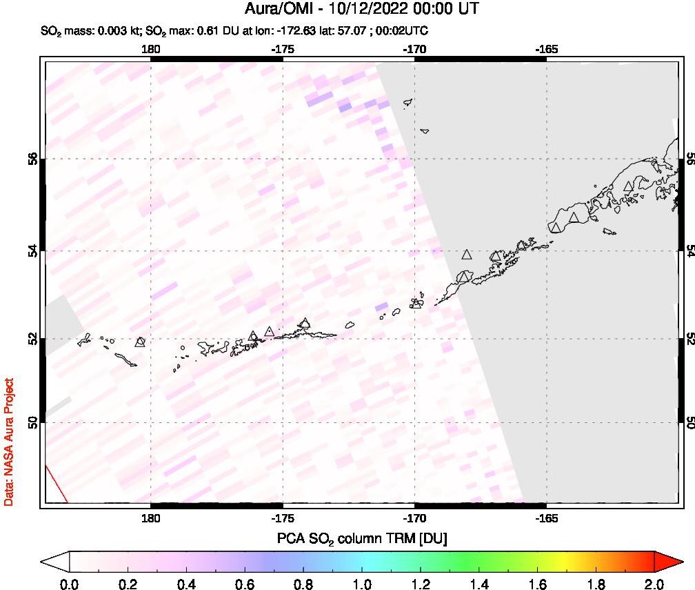 A sulfur dioxide image over Aleutian Islands, Alaska, USA on Oct 12, 2022.