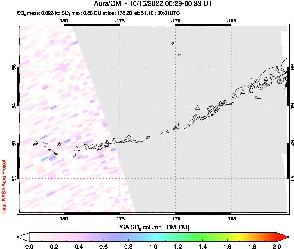 A sulfur dioxide image over Aleutian Islands, Alaska, USA on Oct 15, 2022.
