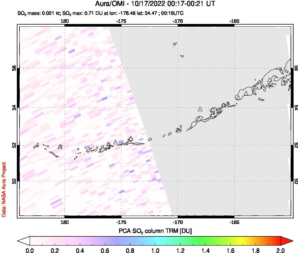 A sulfur dioxide image over Aleutian Islands, Alaska, USA on Oct 17, 2022.