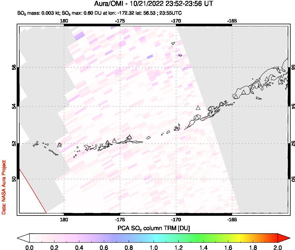 A sulfur dioxide image over Aleutian Islands, Alaska, USA on Oct 21, 2022.